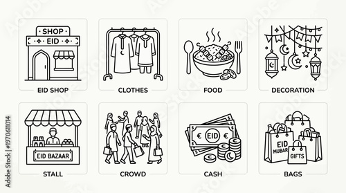 Eid bazaar icons showing shop, clothes, food, decoration, stall, crowd, cash, and shopping bags