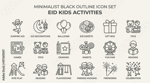 Eid icons showing balloons, gifts, sweets, celebration, decorations, play, toys, and fun activities