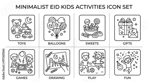 Eid icons showing balloons, gifts, sweets, celebration, decorations, play, toys, and fun activities