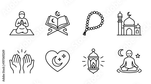 Islamic faith icons showing prayer, Quran, tasbih, mosque, dua, heart, lantern, and meditation