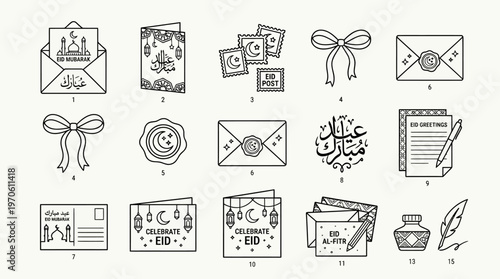 Eid stationery icons showing greeting cards, envelopes, stamps, calligraphy, ribbon, seal, and gifts