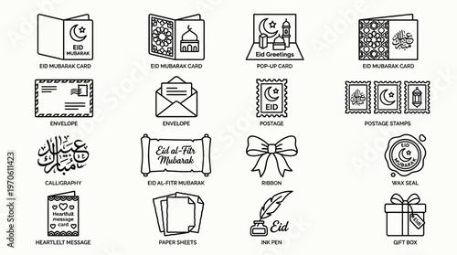 Eid stationery icons showing greeting cards, envelopes, stamps, calligraphy, ribbon, seal, and gifts