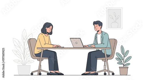 Two people working on laptops at a desk, modern office interior, plants, artwork