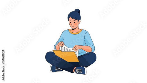Young person sitting cross-legged reading a book, illustration, knowledge, education