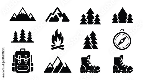 Black and white vector illustration set featuring camping icons including mountains trees backpack boots compass and campfire
