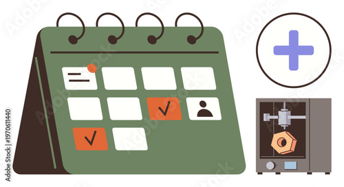 Schedule planning, technology in workflow, 3D printing applications, productivity tools, event marking, automation. A calendar with event checkmarks and a 3D printer icon. Scheduling and technology