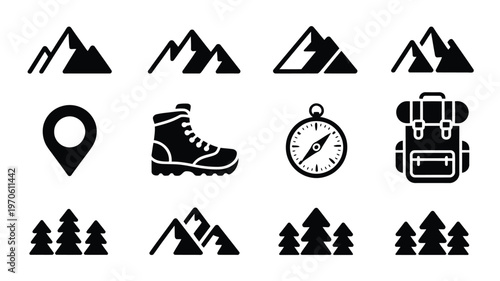 Black and white vector icons of mountains boots backpack clock trees and location pin for outdoor adventure and hiking