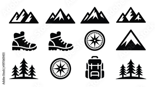 Hiking and adventure icons featuring stylized black and white mountain peaks hiking boots compasses and backpack silhouettes for outdoor exploration