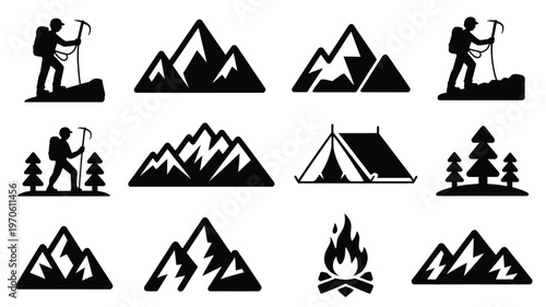 Black and white vector illustrations of hiking camping and mountain scenes with silhouettes of climbers tents trees and campfires