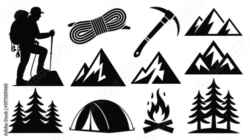 Black vector icons of hiker with backpack mountaineering rope axe mountains pine trees camping tent and campfire for outdoor adventure design