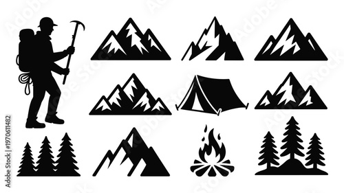 Silhouette illustration of a hiker with backpack and pickaxe alongside camping gear mountain peaks trees and campfire symbols vector design