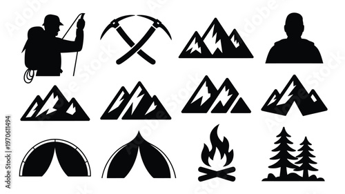Black and white vector icons of camping hiking and exploration symbols including tents mountains trees and outdoor gear