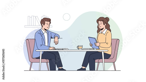 Business meeting, job interview, collaboration, two people discussing at table