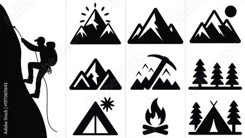 Silhouette collection of mountain climbing camping tents and outdoor adventure icons with minimalist style and bold designs
