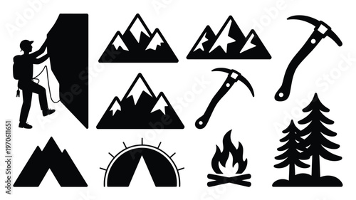 Mountaineering and camping flat vector illustration bundle featuring black silhouettes of climber mountains axes tents and campfire