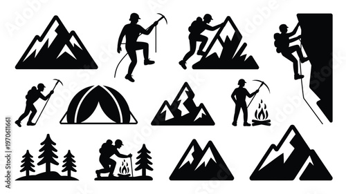 Black silhouette icons of hikers climbers and campers engaged in outdoor activities including tent camping mountain trekking and exploration set against a minimalist white