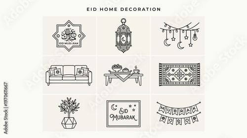 Ramadan living room with sofa, lanterns, plants, calligraphy, lights, rug, coffee table, and food