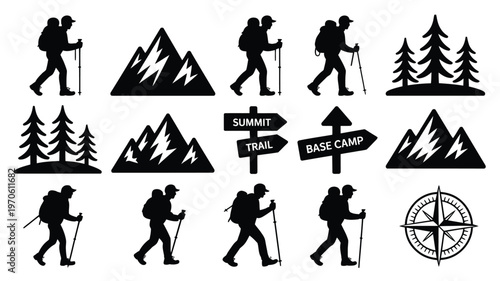 Hikers and mountain climbers with backpacks and trekking poles navigating trails with directional signs and a compass symbol in a clean vector illustration style
