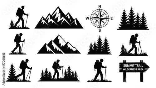 Hikers with backpacks and trekking poles exploring rugged mountain trails compass navigation and forest scenery with directional signage