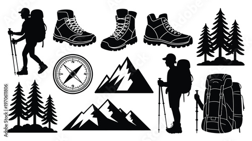 Hiker with backpack and boots exploring mountain trail with compass and trees in bold vector illustration style