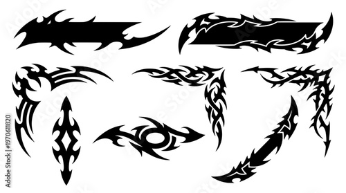 Set of black tribal blade banners, edgy gothic corners, and sharp abstract ornaments. Perfect for y2k car decals, game streaming, and bold tattoos