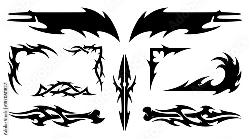 Collection of black tribal wing banners, thorny vine frames, and sharp gothic dividers. Ideal for y2k decals, edgy tattoos, and bold game graphics