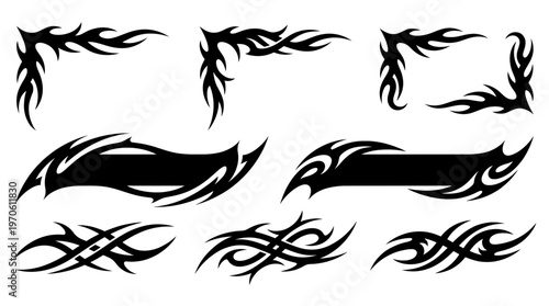 Collection of black cyber sigilism elements, flaming tribal corners, thick banners, and intertwined dividers. Ideal for y2k decals and edgy tattoos