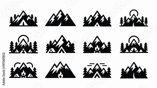 Minimalist vector icons showcasing stylized mountain ranges with pine trees isolated on a clean white background in black and white design
