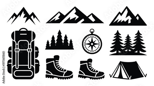 Black and white vector icons of hiking boots backpack tent compass mountains and trees for outdoor adventure and travel themes