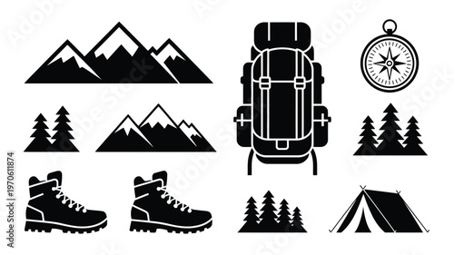 Clean black and white vector illustration set featuring hiking boots backpack tent compass trees and mountains for adventure concept