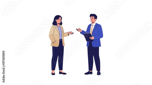 Business meeting: man and woman discussing work, professional collaboration, office environment