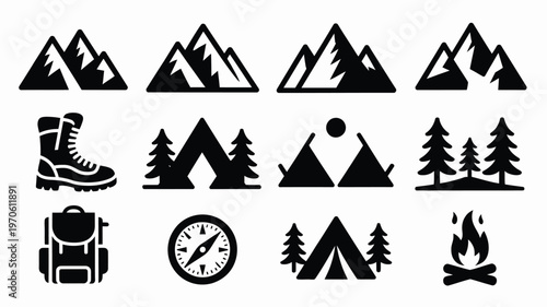 Set of black silhouette icons for mountain adventure including peaks hiking boots backpack compass tent trees and campfire minimalist outdoor design elements