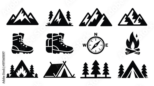 Silhouettes of hiking boots compass tent and campfire with mountain and forest icons for outdoor adventure