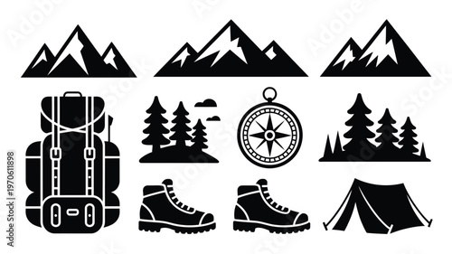 Outdoor adventure icons featuring backpack hiking boots compass tent mountains and trees in minimalist vector style