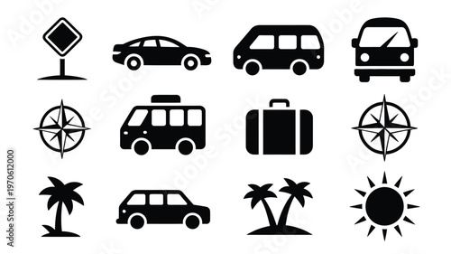 Black minimalist vector icons of travel cars vans luggage compasses palms and sun on a clean white background