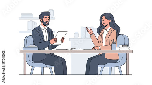 Job Interview: Man and Woman Discussing Documents at Office Desk