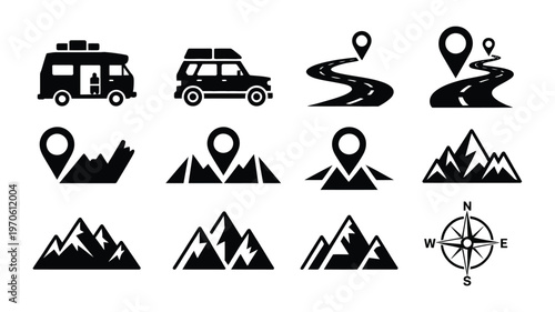Black and white vector icons of adventure travel featuring a camper van suv winding road compass and mountain ranges