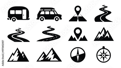 Black and white vector icons of camping vans winding roads mountains compass and map pins for travel and navigation