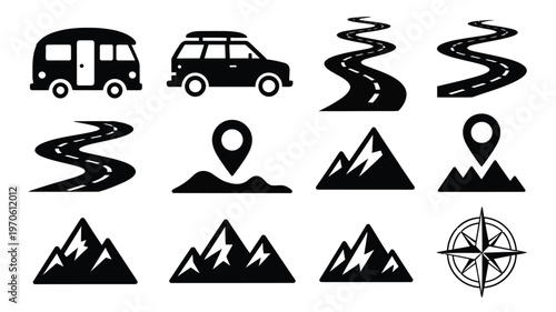 Black and white vector illustration set featuring travel icons including cars mountains winding roads compass and map pins for adventure and navigation themes