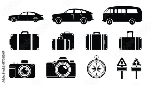 Black vector illustrations of cars vans suitcases cameras compass and road signs for travel and navigation