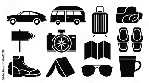 Travel and adventure icons including car van suitcase shoes map compass sunglasses and more in a minimalist black and white style