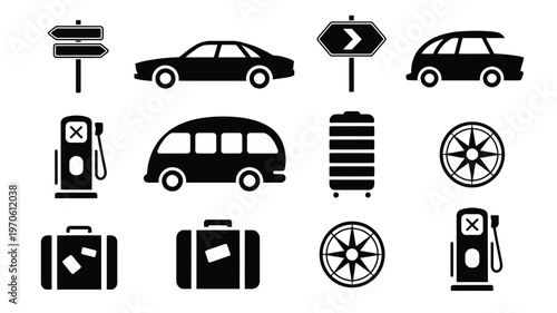 Black and white vector icons of cars tires gas pumps and travel suitcases for road trip and transportation themes