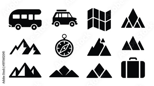 Minimalist vector icons set featuring travel symbols including car camper van mountains map compass and suitcase