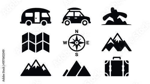 Minimalist black and white vector icons of travel adventure and exploration featuring a caravan car hiker compass map mountains and suitcase