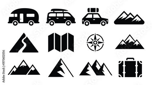 Minimalist vector icons of travel and adventure featuring vehicles mountains compass and luggage for exploration and journeys