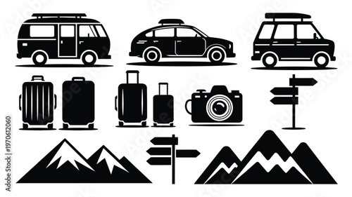Black and white vector illustration of travel and adventure icons including cars luggage camera and mountains