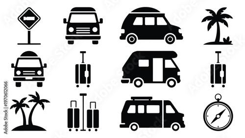 Black and white vector icons of vehicles travel and road signs for design and navigation