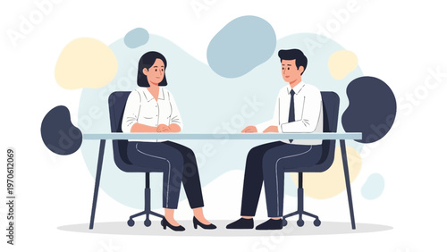 Business meeting with two professionals sitting at a table, discussing work