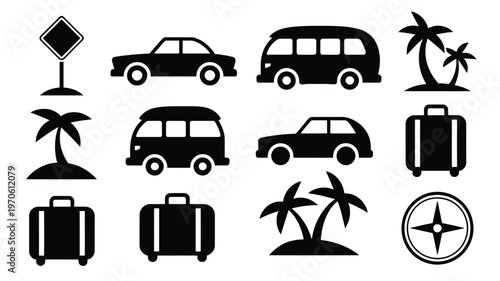 Black vector icons of cars vans suitcases palm trees compass and signs for travel and adventure