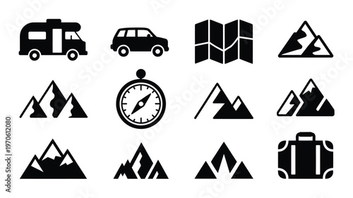 Minimalist vector icons of camping travel and adventure symbols including caravan car map compass mountains luggage and hiking illustrations for outdoor exploration
